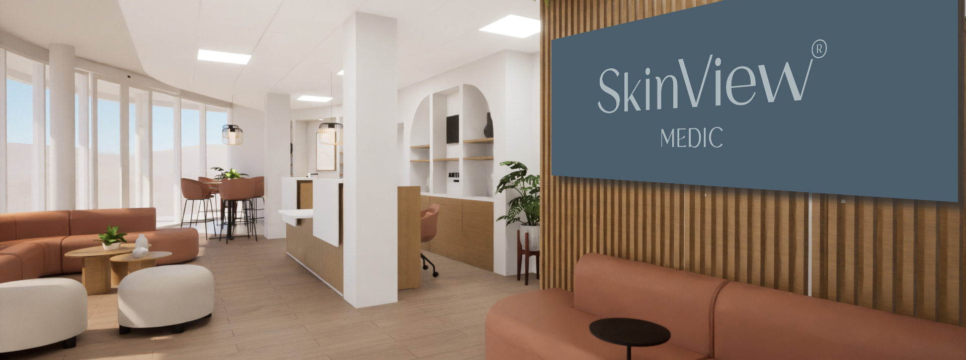Salle d'attente moderne avec logo SkinView Medic.